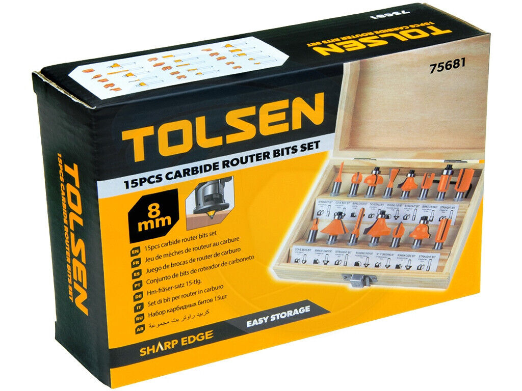 Tolsen 15pcs Carbide Router Bit Set (8mm) 75681 Industrial Grade