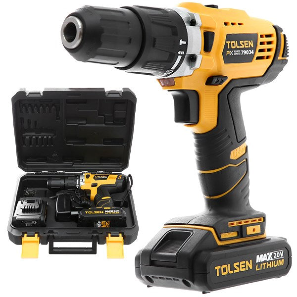 Tolsen Industrial LI-ION Cordless Impact Function Drill w/ 2 Battery, Hard Case (20V) GS & TUV Approved 79034