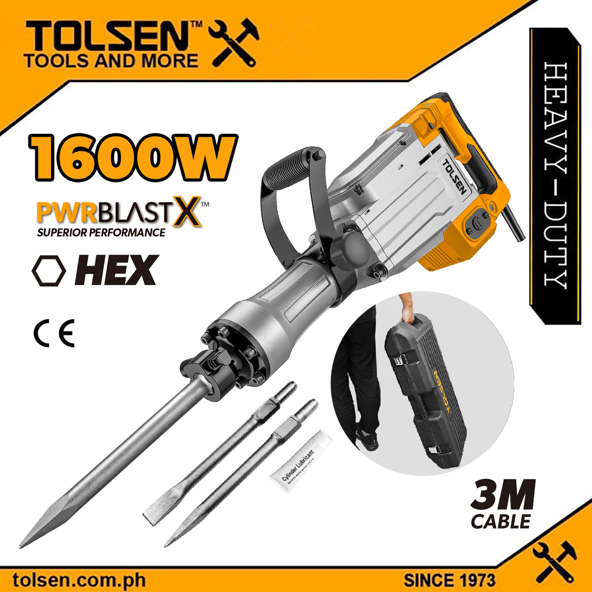 Tolsen Heavy Duty Industrial Grade Demolition Hammer w/ 6pcs Accessories (1600W)