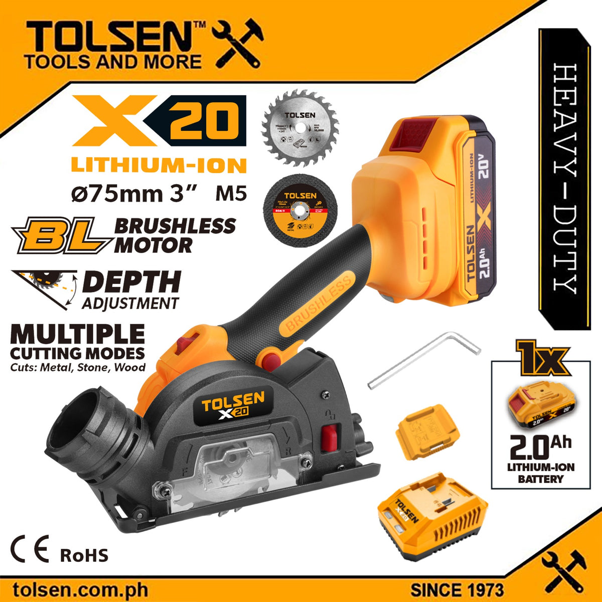 Tolsen 20V Brushless Cordless 75mm Cutting Saw w/ 2 Blade & 1 Battery (2.0Ah) x20 Series 96460