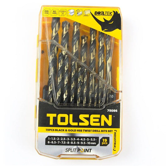INDUSTRIAL 19PCS BLACK & GOLD HSS TWIST DRILL BITS SET