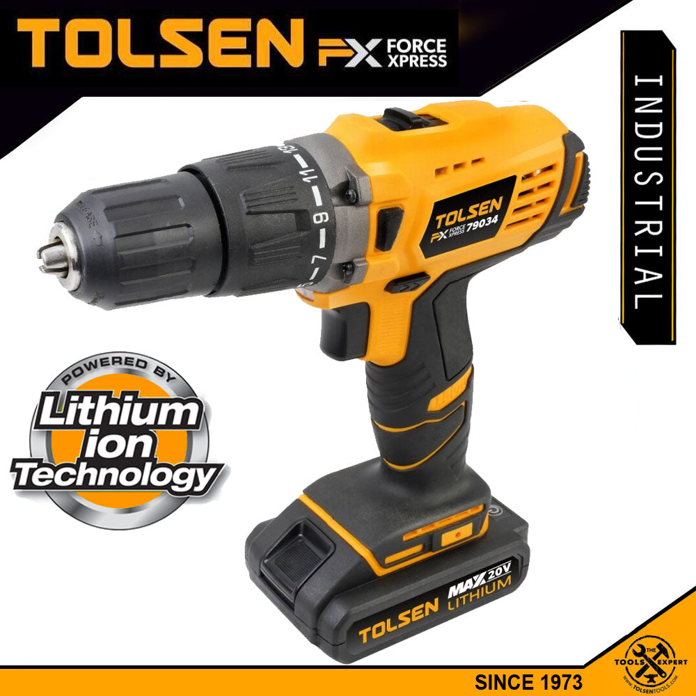 Tolsen Industrial LI-ION Cordless Impact Function Drill w/ 2 Battery, Hard Case (20V) GS & TUV Approved 79034