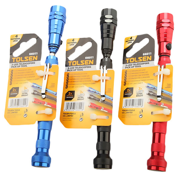 Aluminum 3-LED Telescopic Pick Up Tool with 2 Magnet (Blue | Red | Black)