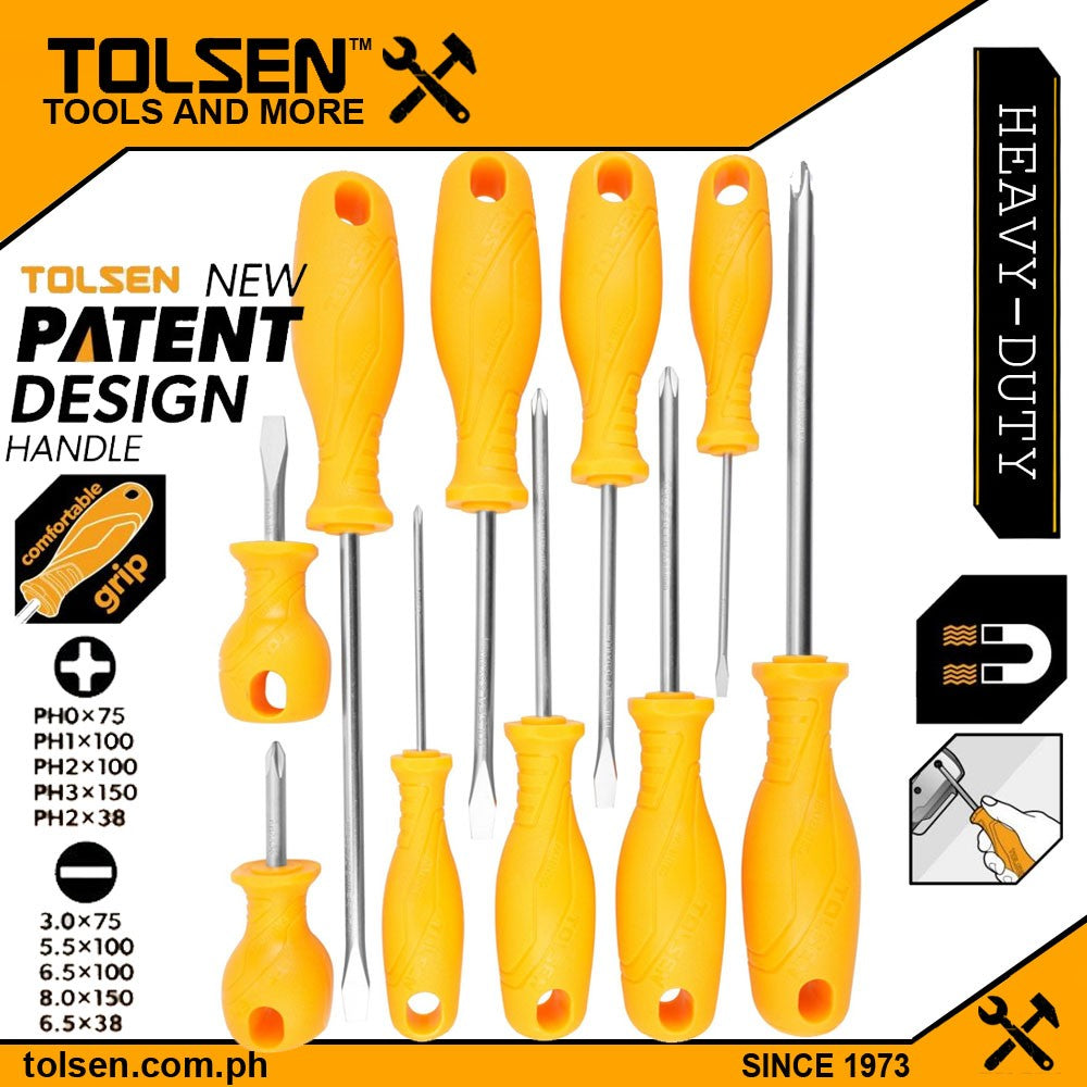 10pcs Screwdriver Set (SL3.0 , PH0 x 75mm | SL5.5 , PH1 x 100mm | SL6.5 , PH2 x 100mm | SL8.0 , PH3 x 150mm | SL6.5 , PH2 x 38mm) Anti Slip Function