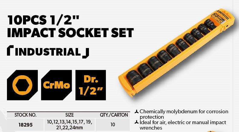 (Industrial) 10pcs 1/2” Impact Socket Set 10-24mm
