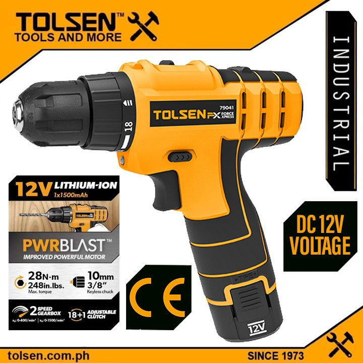Tolsen Lithium Cordless Drill w/ LED Worklight (12V) Soft Grip Handle FX Series