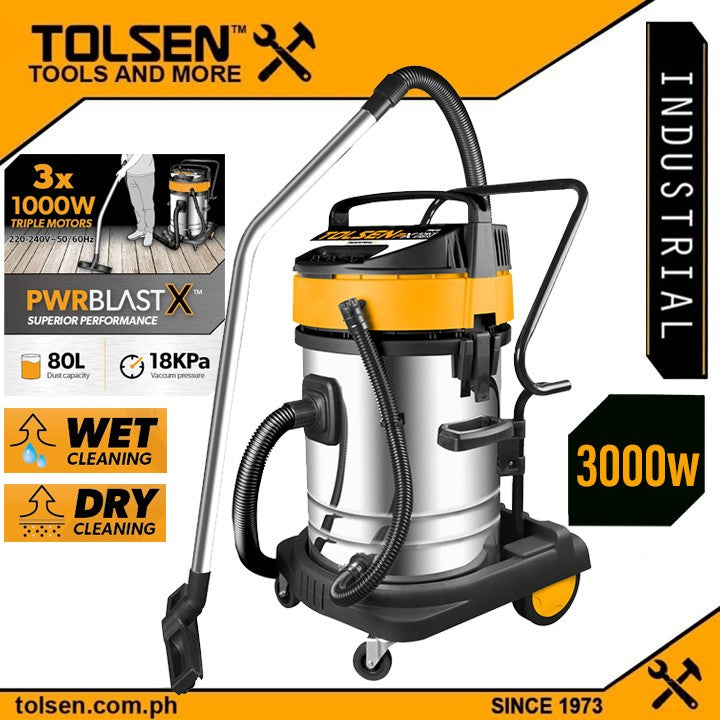 Industrial Grade Stainless Wet & Dry Vacuum Cleaner (80Liters Triple Motor 3000W) Pure Copper Motor