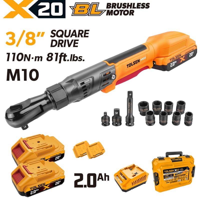 Tolsen 20V Brushless Cordless 3/8″ Sq. Drive Ratchet Wrench, 110N·m w/ Hard Case (2 Battery × 2.0Ah) X20 Series 96432