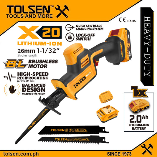 Tolsen 20V Brushless Cordless 26mm Reciprocating Saw w/ 2 Blade + Battery & Charger (2.0Ah) X20 Series 96470