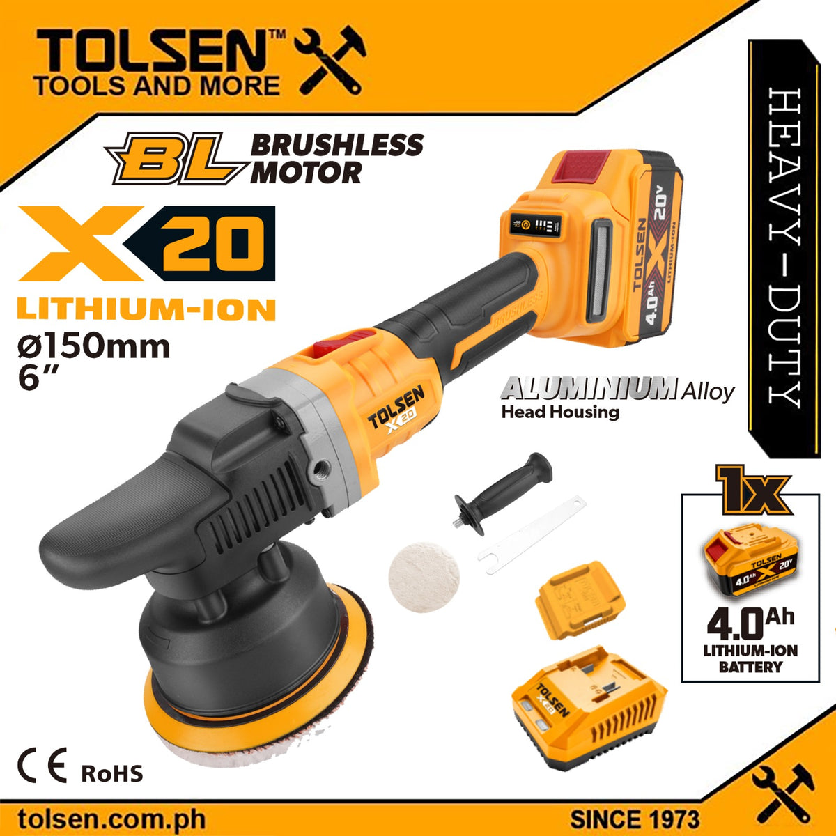 Tolsen 20V Brushless Cordless 150mm Polisher w/ Pad + Battery & Charger (4.0Ah) x20 Series 96480