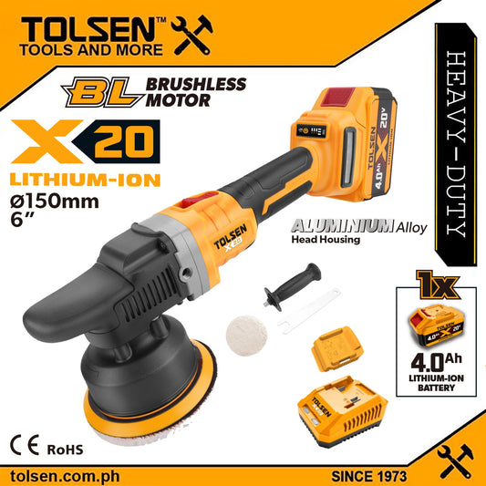 Tolsen 20V Brushless Cordless 150mm Polisher w/ Pad + Battery & Charger (4.0Ah) x20 Series 96480