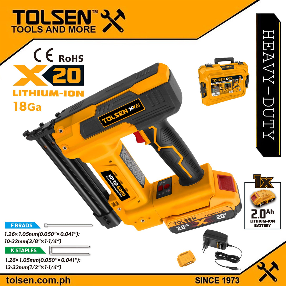 TOLSEN 20V Cordless Staple Gun, 18Ga. w/ Hard Case + Battery & Charger (2.0Ah) X20 Series 96494