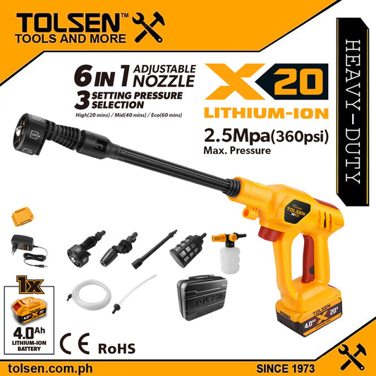 Tolsen 20V Cordless High Pressure Washer, 360 PSI w/ Hard Case + Battery & Charger (4.0Ah) X20 Series 96520