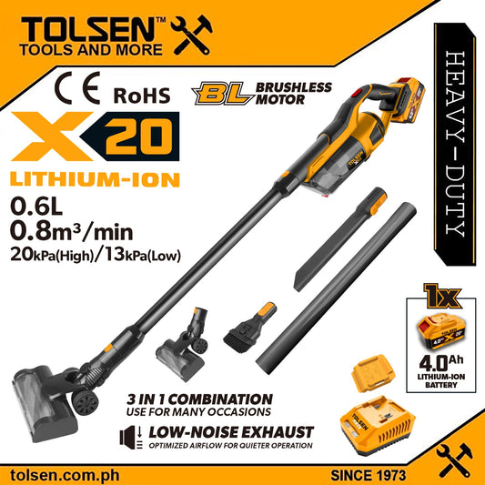Tolsen 20V Brushless Cordless Vacuum Cleaner w/ Battery & Charger (4.0Ah) X20 Series 96526