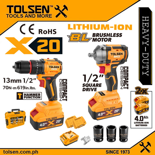 Tolsen 20V Brushless Cordless 2‑Pc. Combo Kit, Hammer Drill and Impact Wrench w/ Hard Case + 2 Battery & Charger (2×4.0Ah) X20 Series 96702