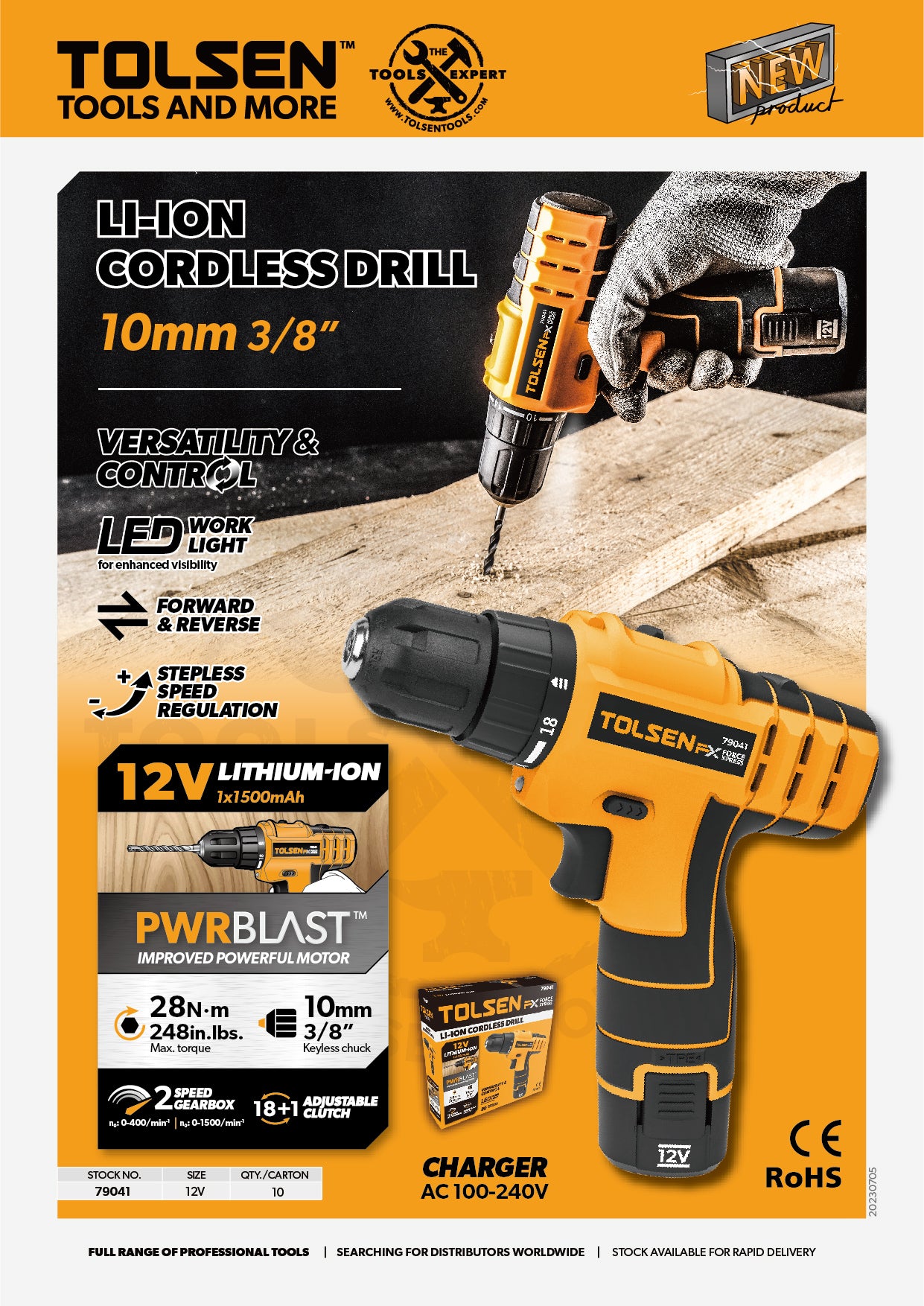 Tolsen Lithium Cordless Drill w/ LED Worklight (12V) Soft Grip Handle FX Series