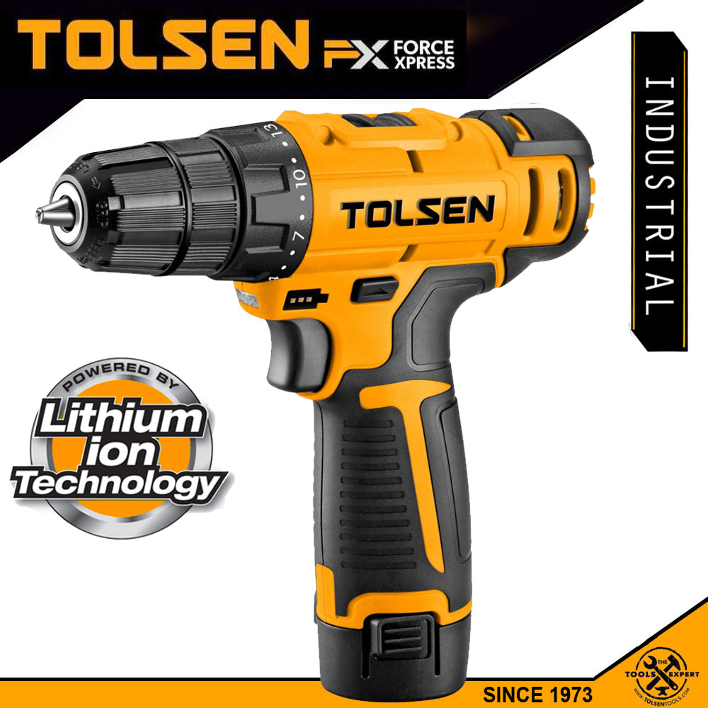 Tolsen Lithium Cordless Drill w/ LED Worklight (12V) Soft Grip Handle FX Series