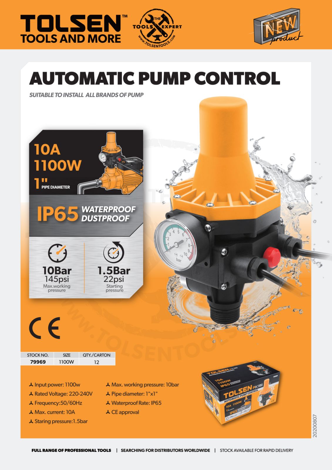 Tolsen Automatic Water Pump Control w/ Guage IP65 (10 Bar) 79969