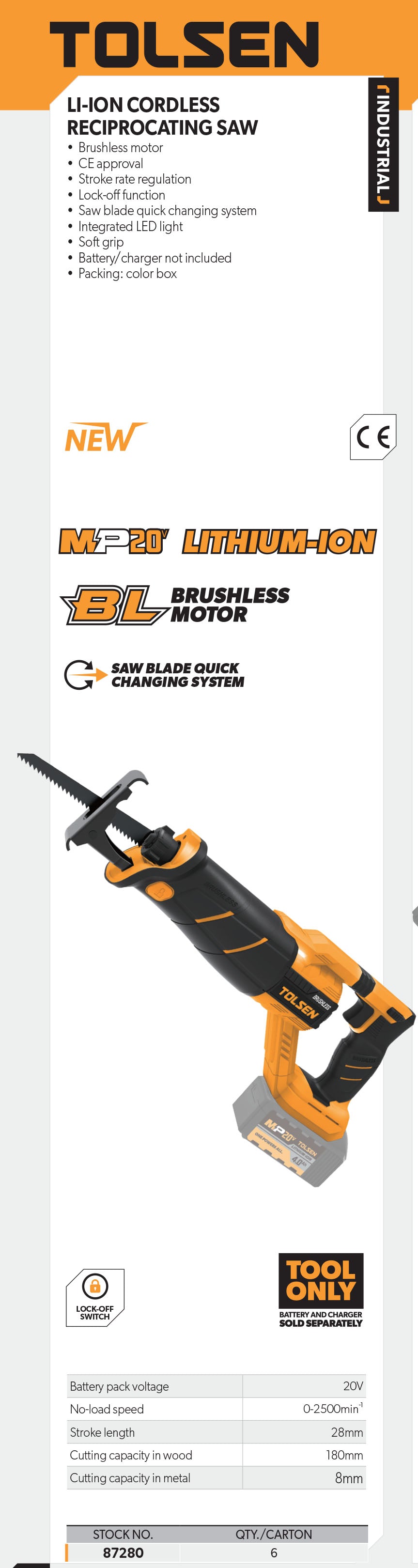 LI-ION Brushless Cordless Reciprocating Saw w/ Quick Release Blade (All in One 20V Battery)