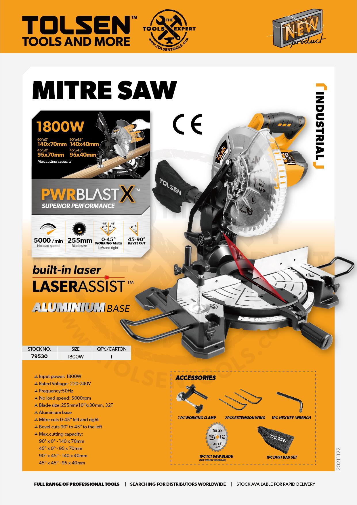 Industrial Mitre Saw w/ Laser Assist (1800Watts) Free 5pcs Accessories PWRBLAST X