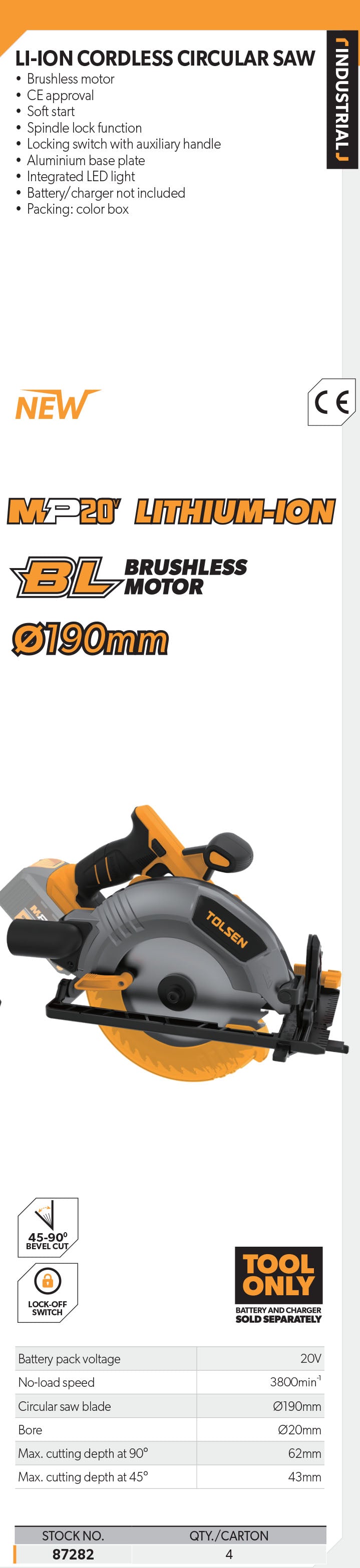 LI-ION Brushless Cordless Circular Saw 190mm (All in One 20V Battery)