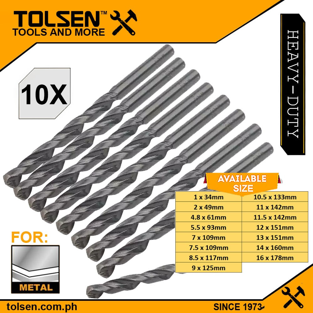 Tolsen 10pcs HSS Twist Drill Bit (1 | 2 | 4.8 | 5.5 | 7 | 7.5 | 8.5 | 9 | 10.5 | 11 | 11.5 | 12 | 13 | 14 | 16mm) For Metal