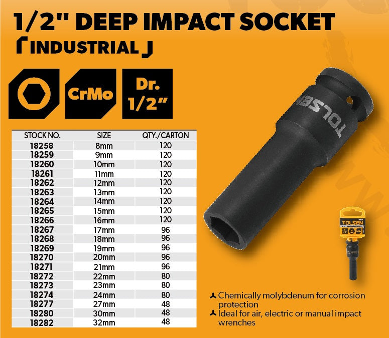 Industrial Deep Impact Socket Wrench (8 to 32mm) CrMo For Air, Electric or Manual