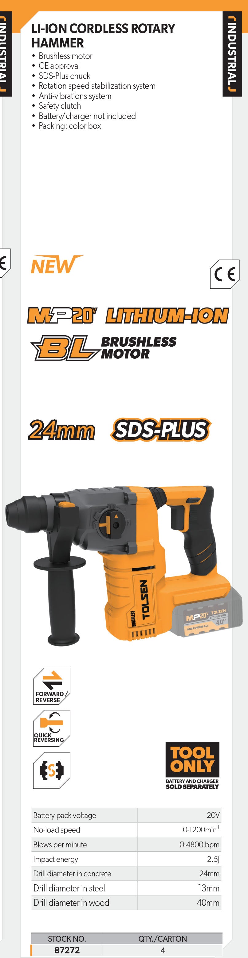 LI-ION Brushless Cordless Rotary Hammer Drill SDS+ (All in One 20V Battery)