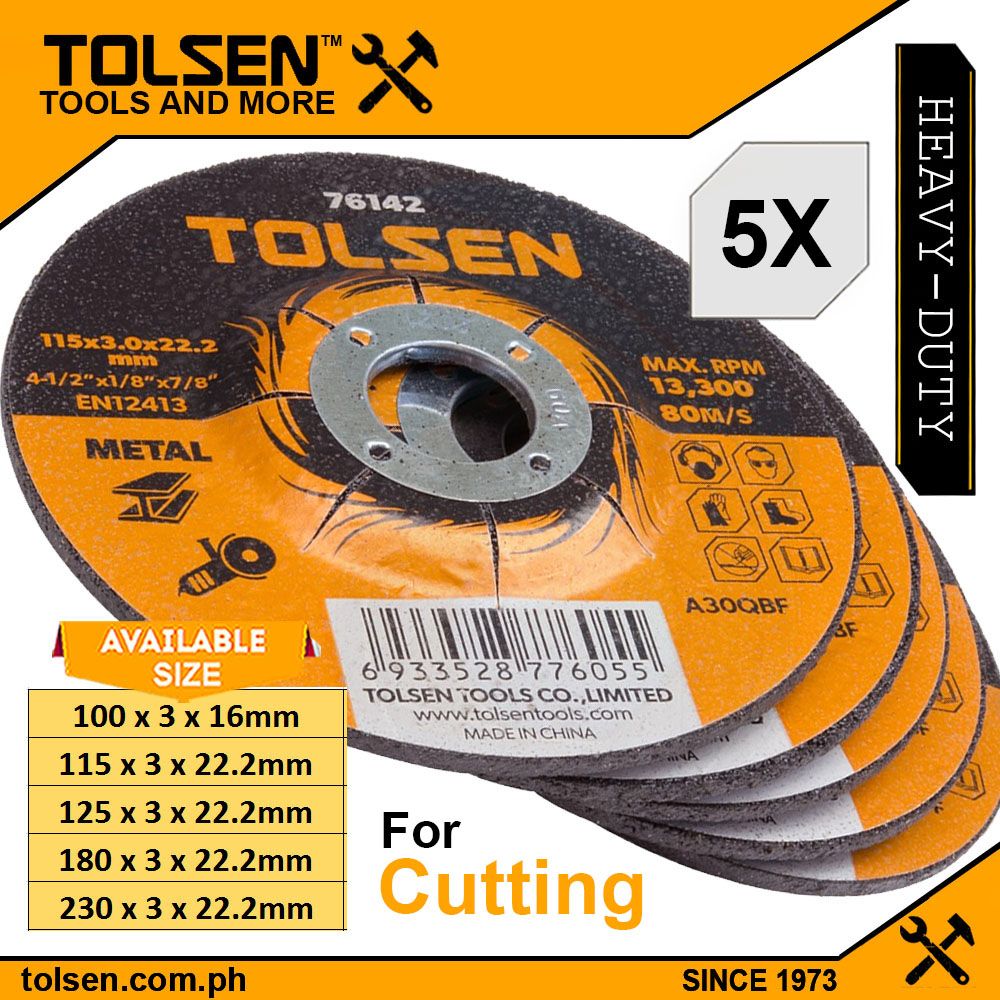 Tolsen 5pcs Depressed Center Cutting Disc For Metal (4" | 4.5" | 5" | 7" | 9")