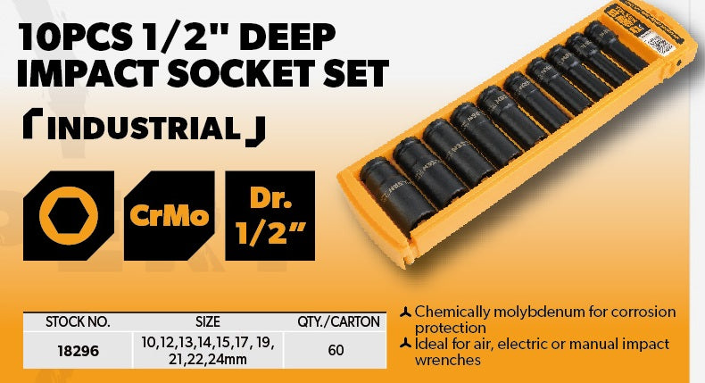 Industrial 10pcs 1/2" Drive Impact  Deep Socket Set 10-24mm