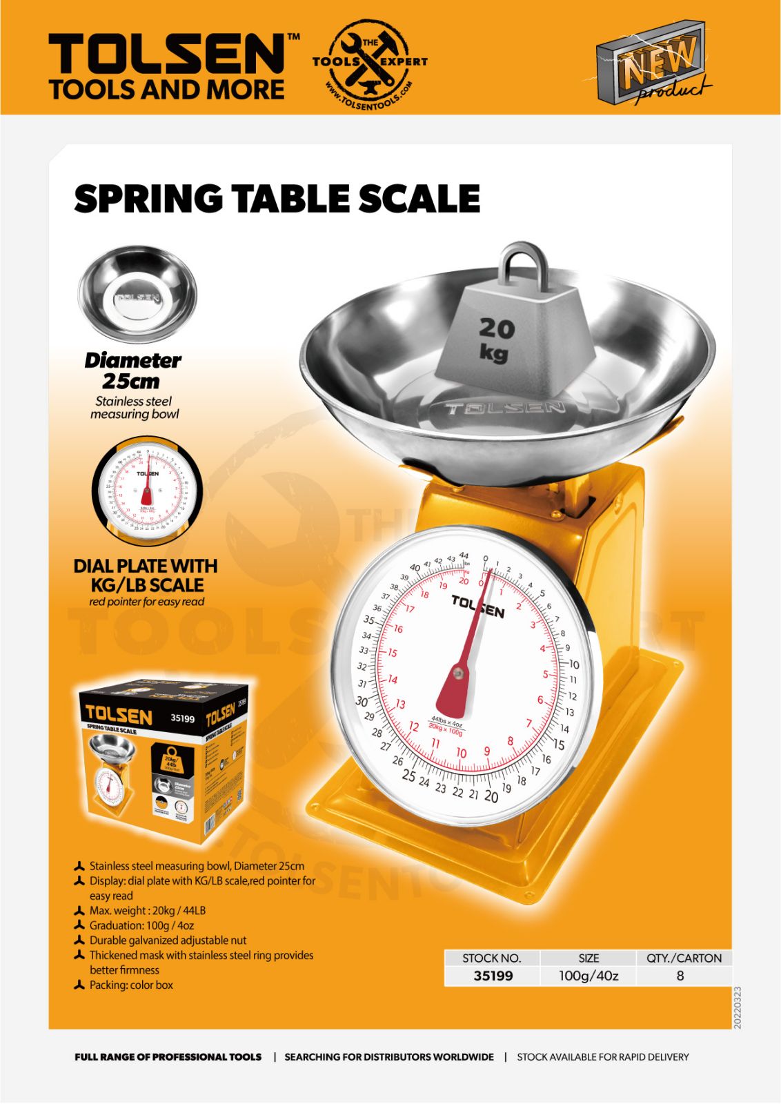 Spring Table Scale / Weighing Scale Dial Plate (20KG/44LBS) Stainless Bowl 35199